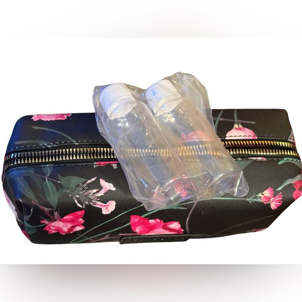 Ted Baker NWT Black & Pink Floral Cosmetic Bag with 2 Travel Bottles (P205) - Picture 4 of 7